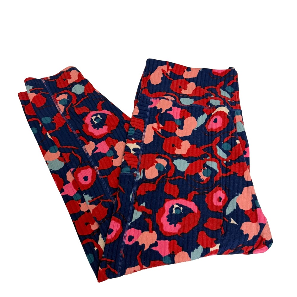 Lildy Womens 2XL-3XL Printed Ribbed Knit Leggings Navy Floral High Rise Pockets
